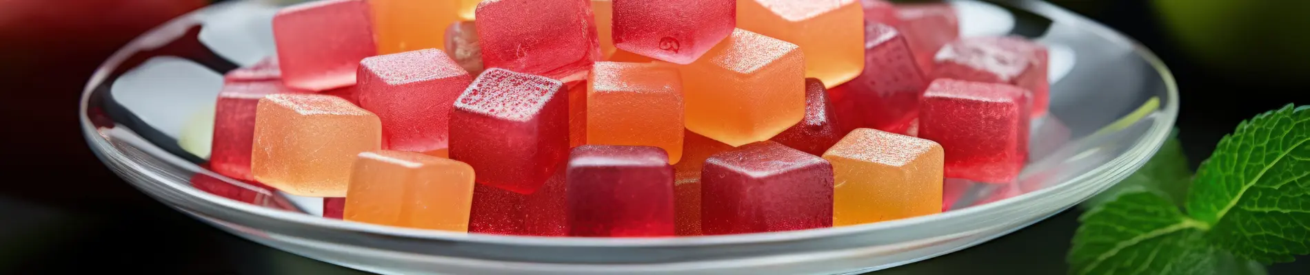 Glass plate with colorful gummy cubes and fresh fruits, representing guar gum and agar agar thickeners
