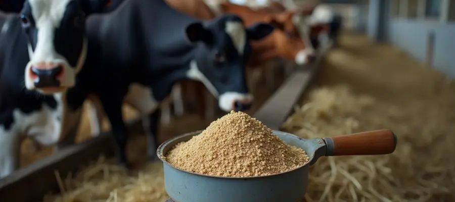 A close-up of a scoop filled with guar gum powder placed on a feeding trough in a barn, with several animals including Cattles in the background.
