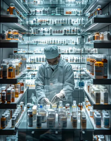 Pharmacist handling pharmaceutical bottles in a lab setting for guar gum-based formulations
