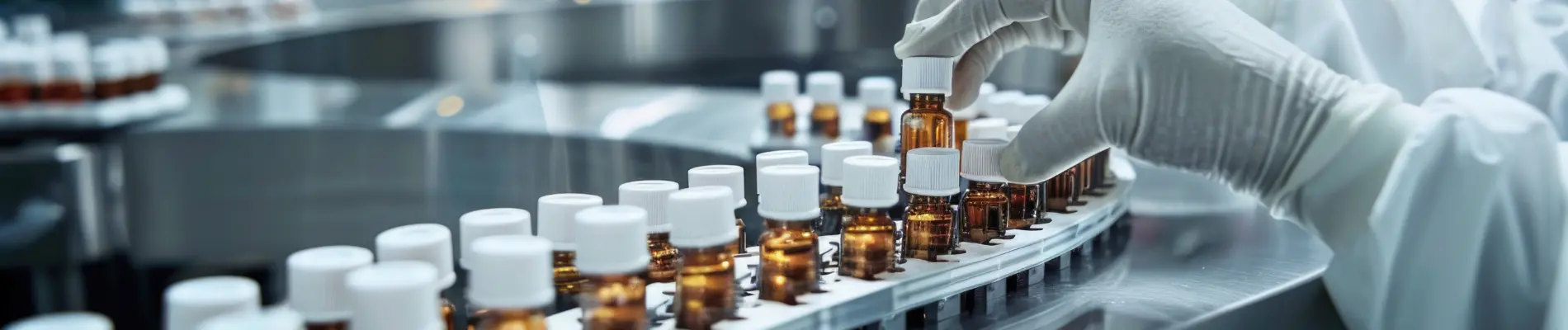 A gloved hand handling amber glass bottles on a pharmaceutical production line, representing the use of guar gum as an excipient in drug formulation.