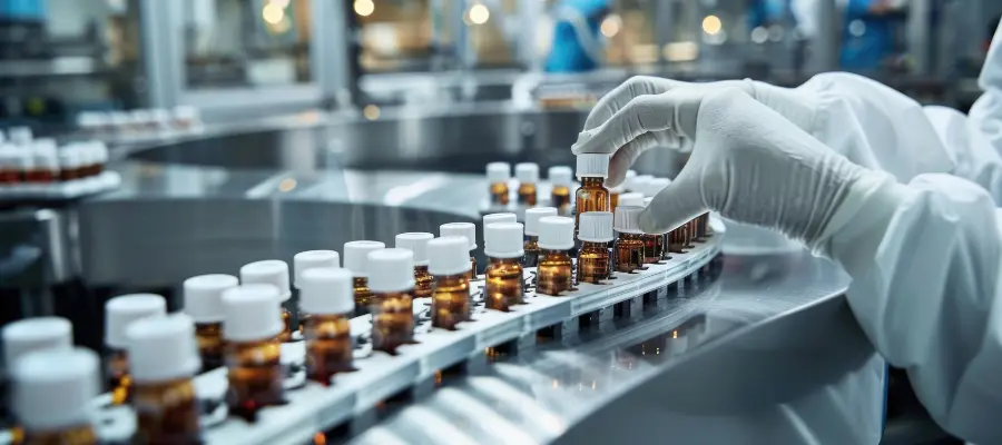 A gloved hand handling amber glass bottles on a pharmaceutical production line, representing the use of guar gum as an excipient in drug formulation.