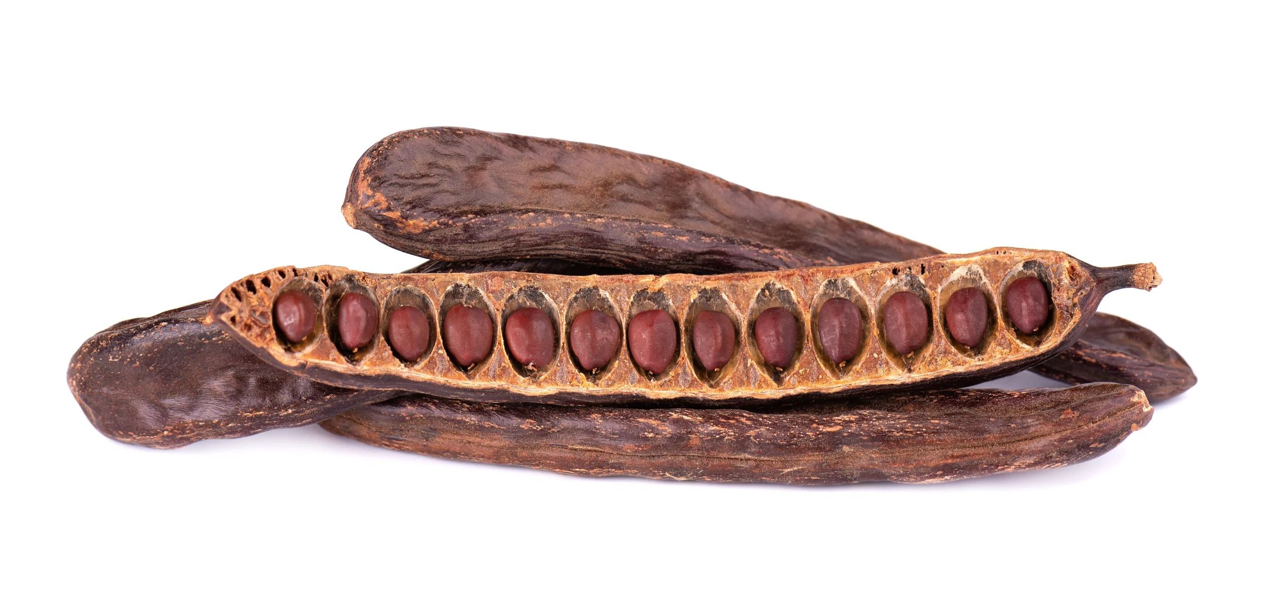 Dried locust bean pods with visible seeds inside, shown on a natural surface.