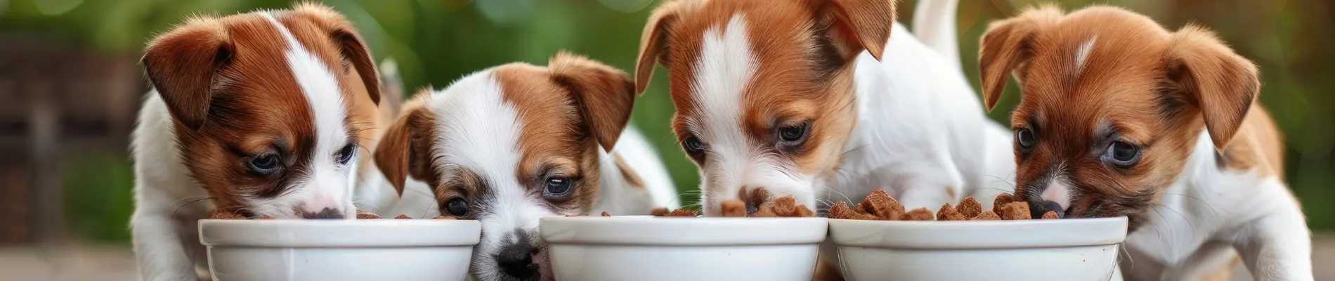 Four puppies eating dog food from white bowls, illustrating the use of guar gum in dog food for better digestion and consistency.