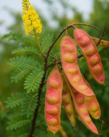 Close-up of Caesalpinia spinosa with pink seed pods and yellow flower, representing the natural source of tara gum used in food formulations.