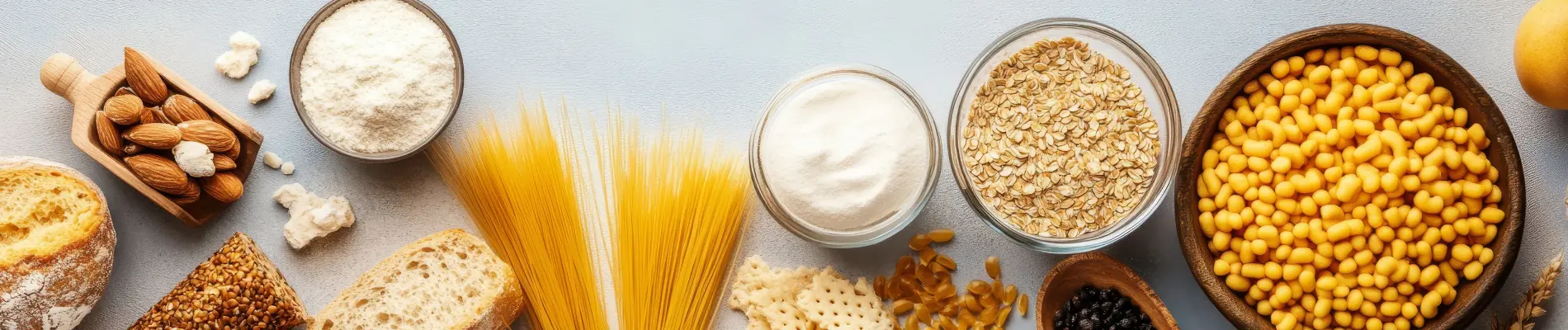 Bread, almonds, flour, pasta, oats, and corn—foods that include edible food gums for improved texture and shelf life