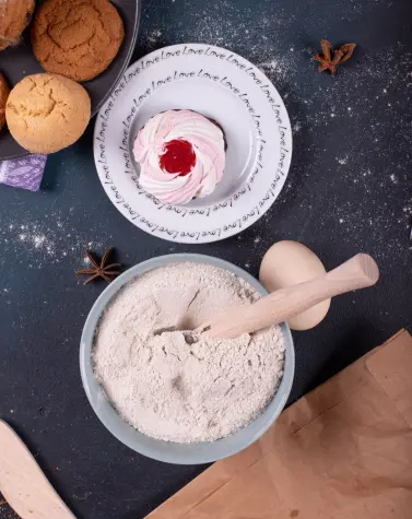 Baking ingredients including flour, egg, cookies, and meringue—foods that contain edible food gums for texture and shelf life