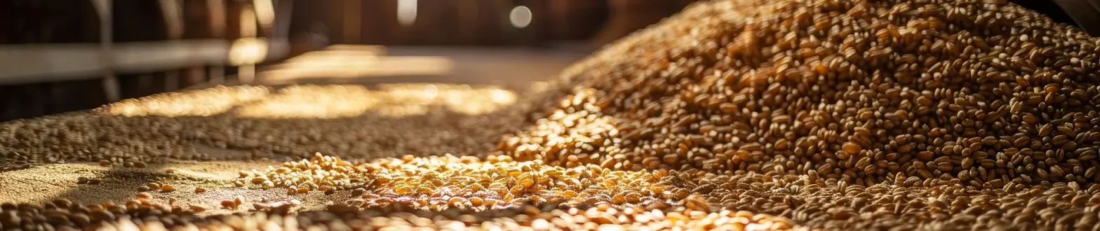 Bulk grain pile in a sunlit warehouse, symbolizing Sunfeed Guar Meal Protein storage for cattle, poultry, and aqua feed production.