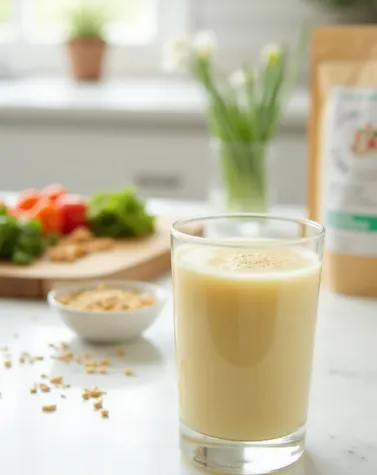 Realistic image of a fenugreek fiber smoothie with SUNCOL-20FD powder, fenugreek seeds, and a diabetic-friendly meal on a kitchen counter.