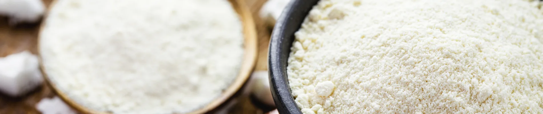 Two bowls filled with white food stabilizer powder, used in food processing.