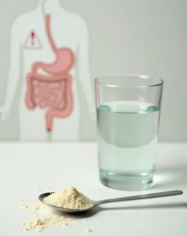 Guar gum powder with water in front of digestive system diagram, highlighting its effects on gut health.