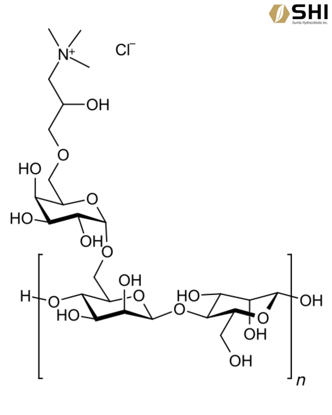 Chemical structure of Guar Hydroxypropyltrimonium Chloride showing its polysaccharide backbone and cationic side chain with quaternary ammonium group and chloride ion.