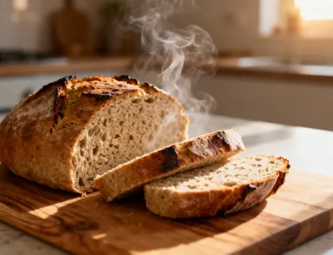 Freshly baked gluten-free bread sliced on a wooden board, showcasing soft texture and moisture retention achieved with guar gum as a natural binder in bakery products.