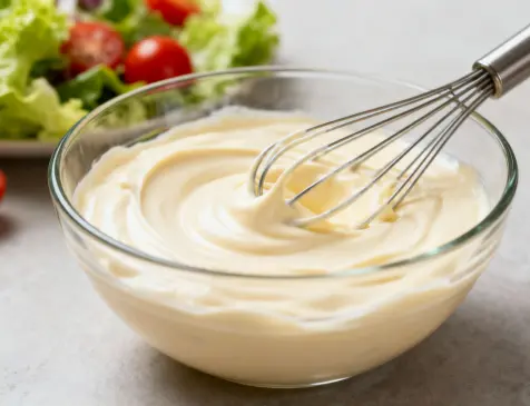 Close-up of creamy mayonnaise in a glass bowl with a whisk, demonstrating guar gum’s role as a natural stabilizer and emulsifier for smooth, uniform texture in food products.