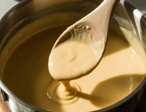 Close-up of a creamy sauce being stirred in a stainless steel pot, highlighting its thick and smooth texture created with guar gum as a natural thickening agent.