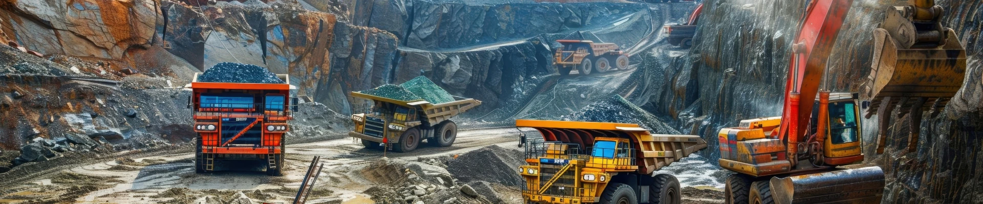Mining trucks and excavators in an open‑pit mine where SUNTECH‑MI flocculant enhances ore processing