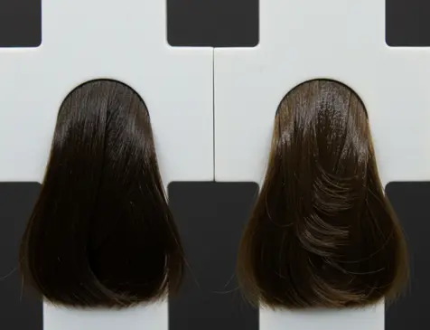 Cosmetic research comparison of uniform vs uneven hair color treatment on lab swatches.