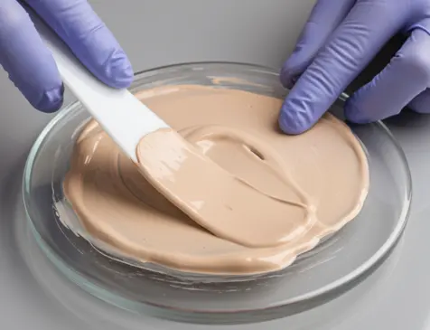 Cosmetic lab testing foundation spreadability and texture enhancement on glass dish.