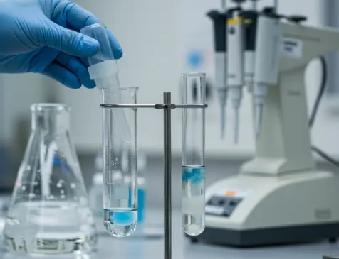 Comparison of stable vs unstable pharmaceutical suspension in test tubes for stabilization testing.